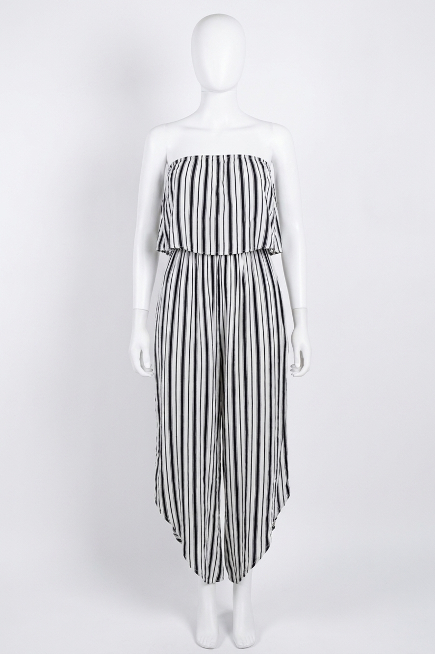 NEW ANDREE BY UNIT modern stripes sleeveless jumpsuit in navy/white